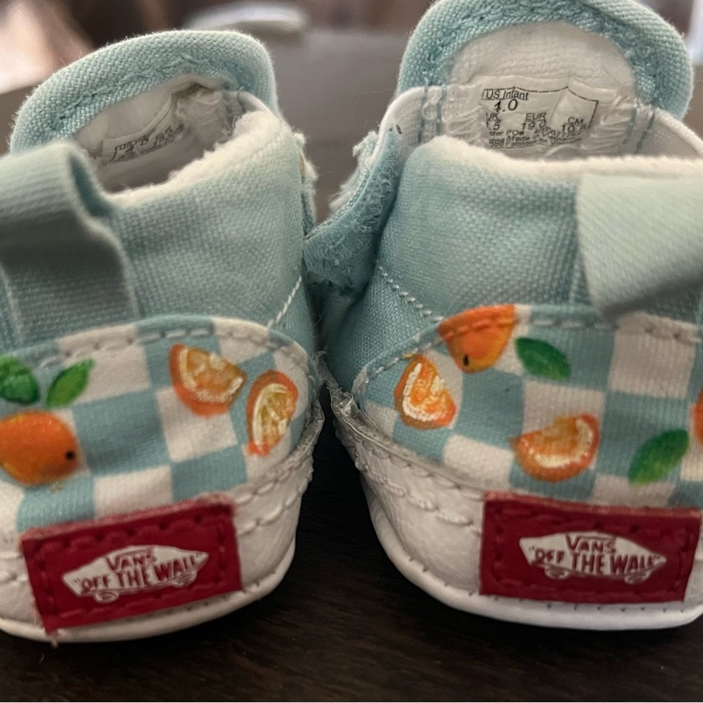 Vans’ Kids Hand-Painted Sneakers in Blue and White Checkered w/ Orange Accents - Picture 3 of 5